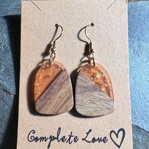 Handcrafted Rectangle Orange Resin & Wood Earrings